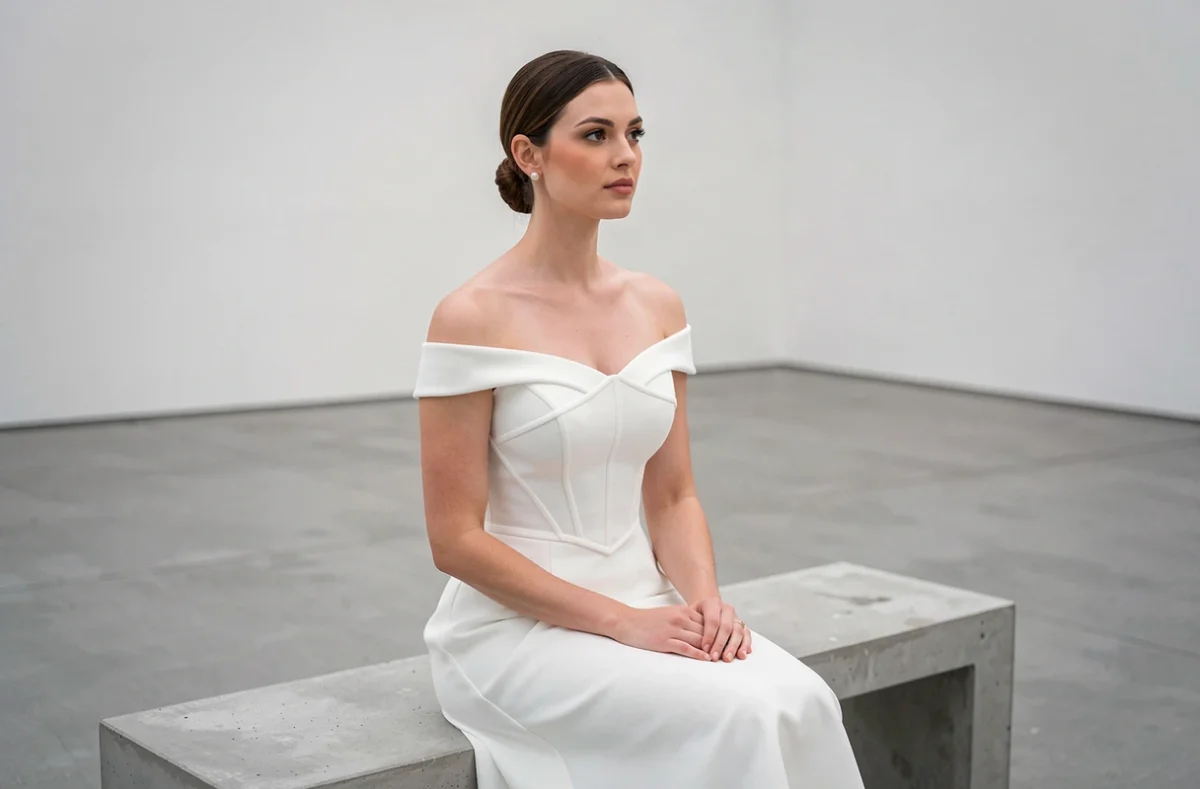 Femme en robe de mariée blanche minimaliste structurée à épaules dénudées assise dans une galerie contemporaine aux murs blancs et sol en béton poli