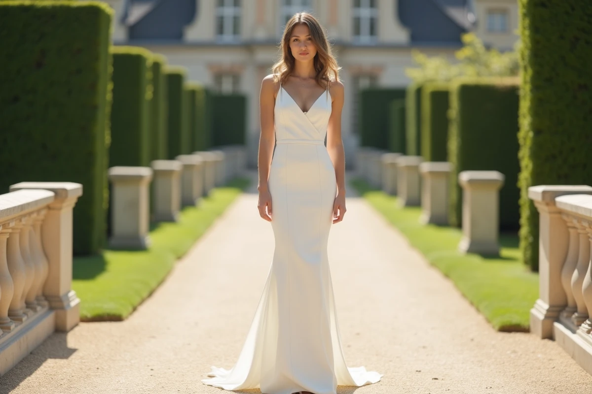 Mariée de petite stature en robe blanche colonne à taille haute dans un jardin de château français