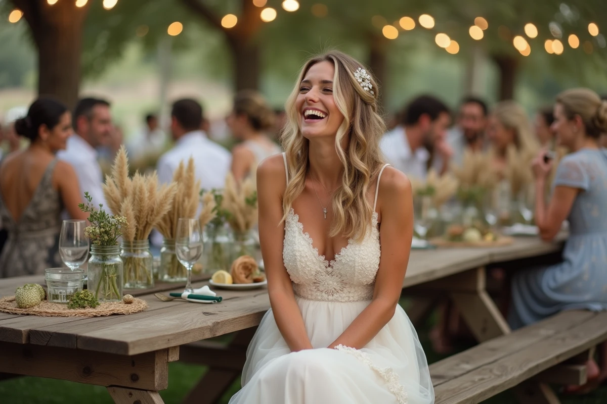 Femme en courte robe de mariée bohème en mousseline lors d'une réception de mariage décontractée en extérieur