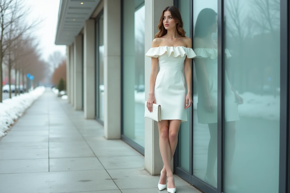 Mariée en robe courte blanche crépe épaules dénudées devant une fenêtre givrée d'un bâtiment municipal moderne en hiver