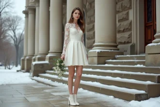 Mariée en robe courte ivoire satin avec bolero en dentelle sur les marches d'une mairie en hiver