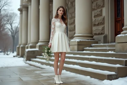 Mariée en robe courte ivoire satin avec bolero en dentelle sur les marches d'une mairie en hiver
