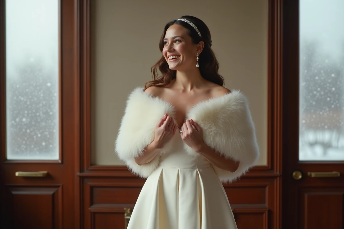 Femme en robe de mariée courte vintage mikado blanc cassé avec étole en fausse fourrure dans une salle de mariage civil