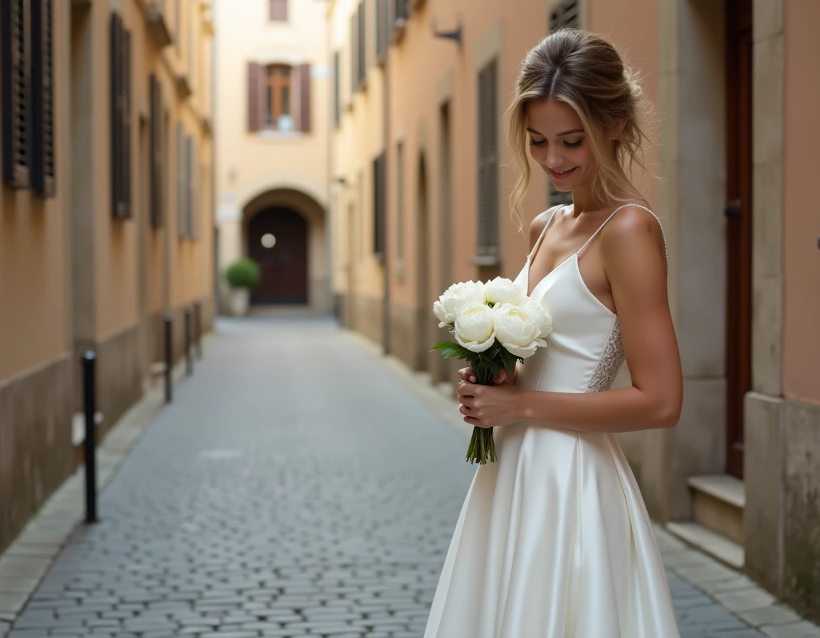 Mariée en robe blanche fluide dans les rues pavées du Vieux-Lyon tenant un bouquet de pivoines
