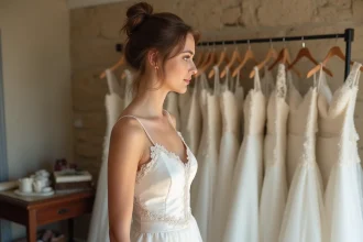 Jeune mariée essayant une robe de mariée blanche dans une boutique de Lyon avec murs en pierre apparente