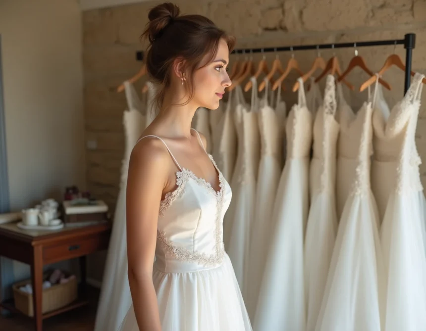 Jeune mariée essayant une robe de mariée blanche dans une boutique de Lyon avec murs en pierre apparente