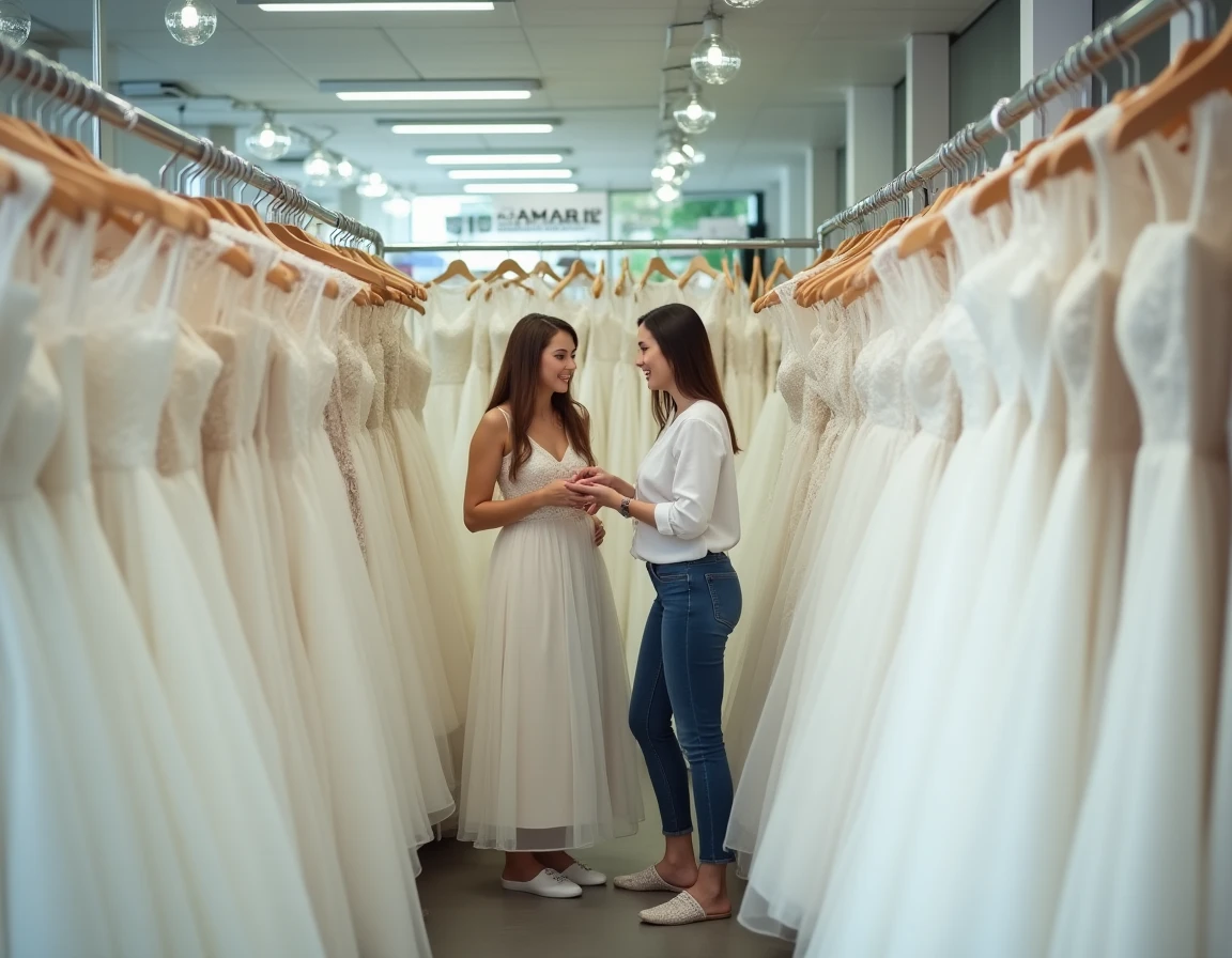 Deux femmes cherchant une robe de mariée pas chère dans un magasin de déstockage à Lyon