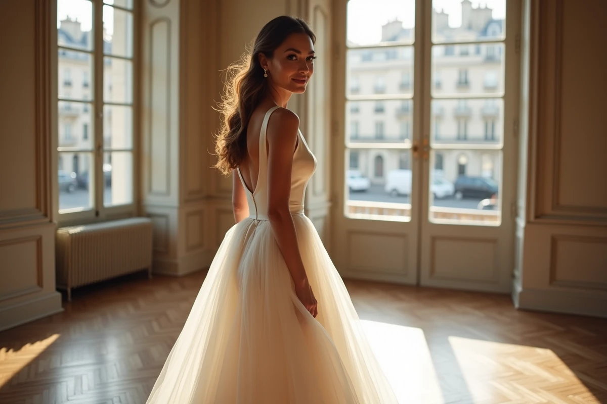 Femme en robe de mariée princesse minimaliste en tulle dans un salon parisien classique, tendance mariage 2026
