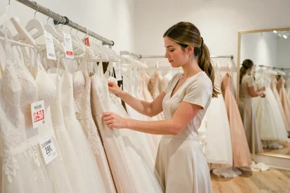 Jeune femme parcourant des robes de mariée en solde sur un portant dans une boutique de mariage avec des étiquettes de réduction visibles