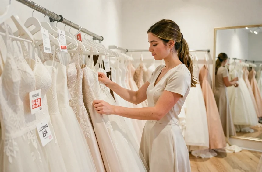 Jeune femme parcourant des robes de mariée en solde sur un portant dans une boutique de mariage avec des étiquettes de réduction visibles