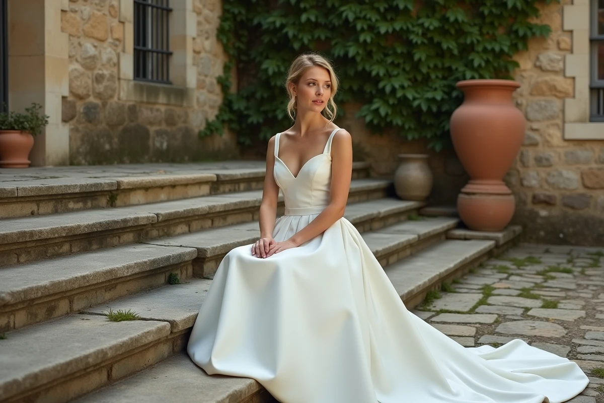Mariée assise sur des marches en pierre d'un château français portant une robe princesse en mikado élégante et épurée
