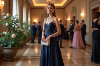 Femme élégante en robe de soirée navy ajustant sa pochette brillante