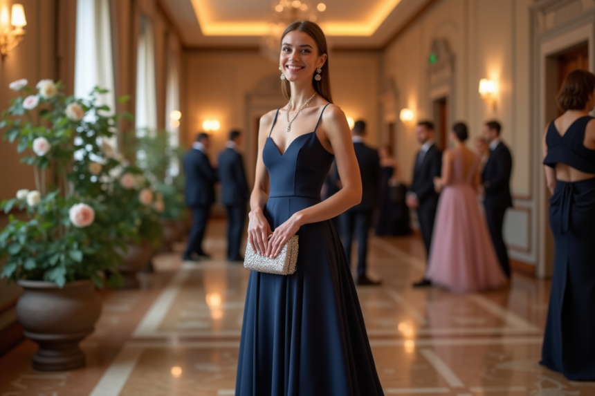 Femme élégante en robe de soirée navy ajustant sa pochette brillante