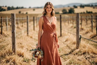 Femme témoin de mariage portant une robe terracotta fluide en lin dans un vignoble champêtre, coupe portefeuille midi avec bouquet de fleurs séchées