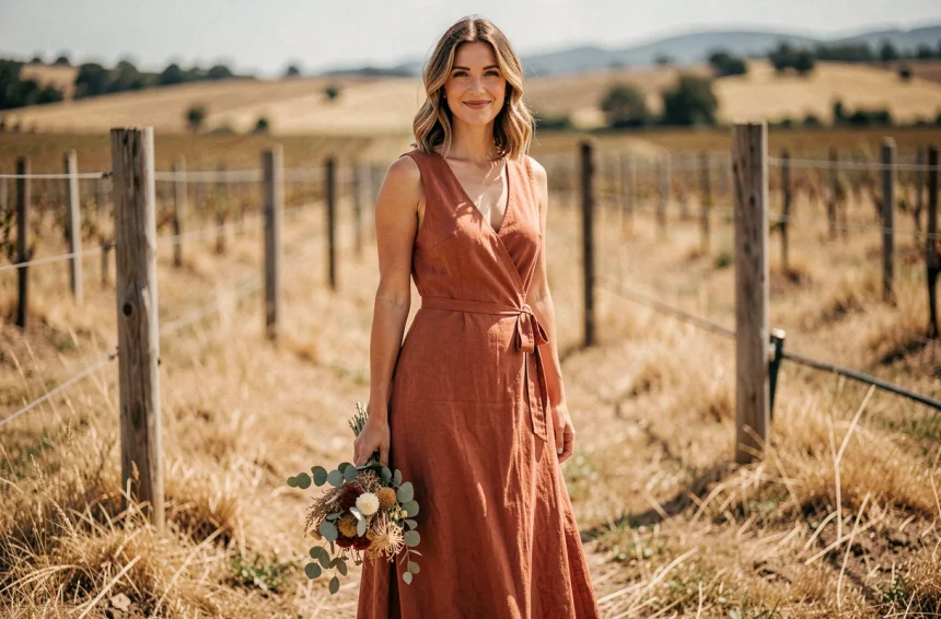 Femme témoin de mariage portant une robe terracotta fluide en lin dans un vignoble champêtre, coupe portefeuille midi avec bouquet de fleurs séchées
