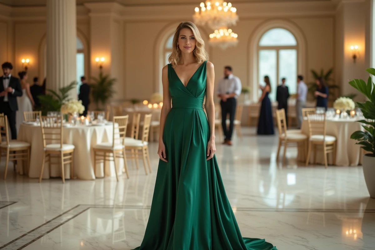 Femme en robe longue vert émeraude satiné dans une salle de réception de mariage élégante