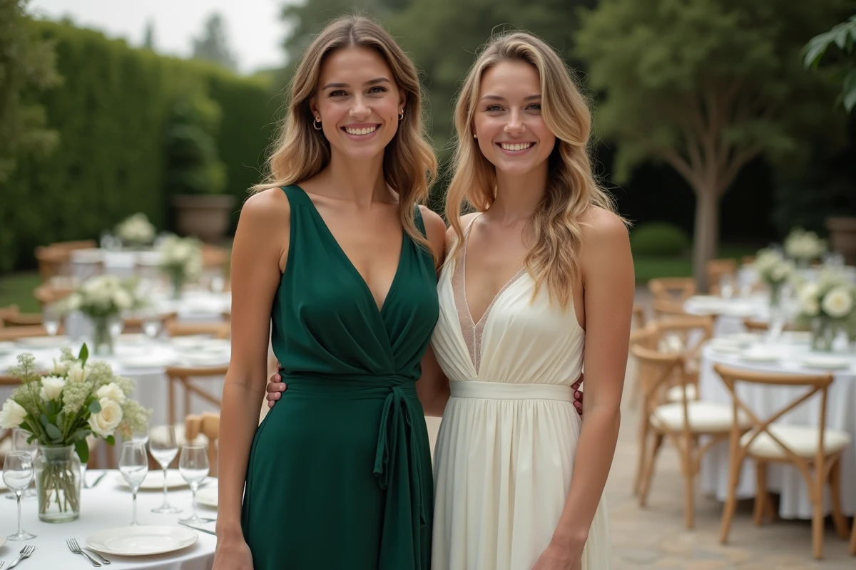 Deux femmes comparant leurs tenues lors d'une réception de mariage en plein air, robe verte versus robe ivoire
