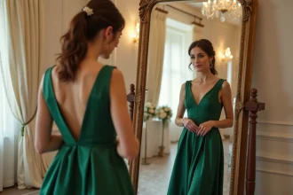 Femme en robe verte devant un miroir dans une salle de mariage élégante, évaluant son style vestimentaire
