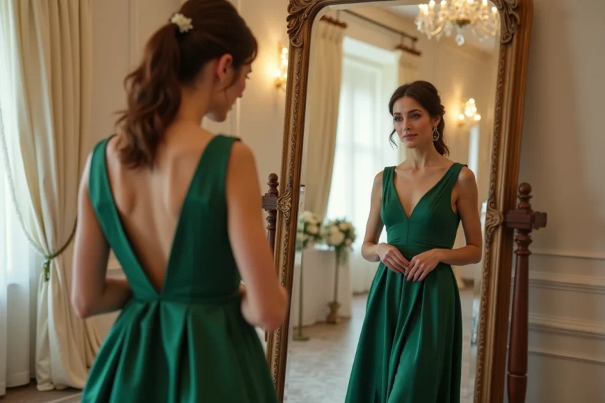 Femme en robe verte devant un miroir dans une salle de mariage élégante, évaluant son style vestimentaire