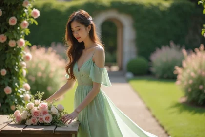Femme en robe verte pastel sage portée lors d'un mariage en plein air dans un jardin fleuri