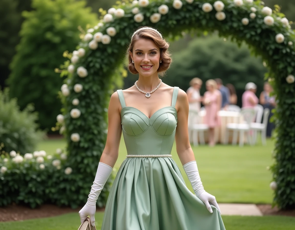 Femme en robe vintage vert sauge style années 50 avec gants blancs dans un jardin fleuri lors d'une cérémonie de mariage en plein air