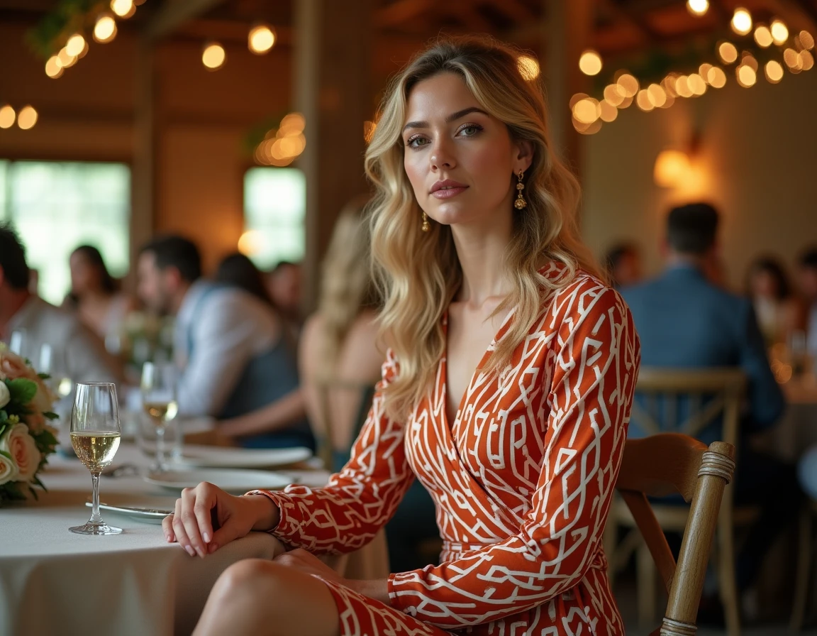 Invitée de mariage portant une robe vintage seventies en imprimé géométrique terracotta assise à une table de réception décorée de fleurs