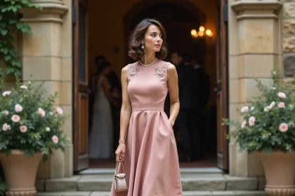 Femme en robe vintage rose midi style années 60 devant une église en pierre lors d'un mariage, look d'invitée élégant et discret