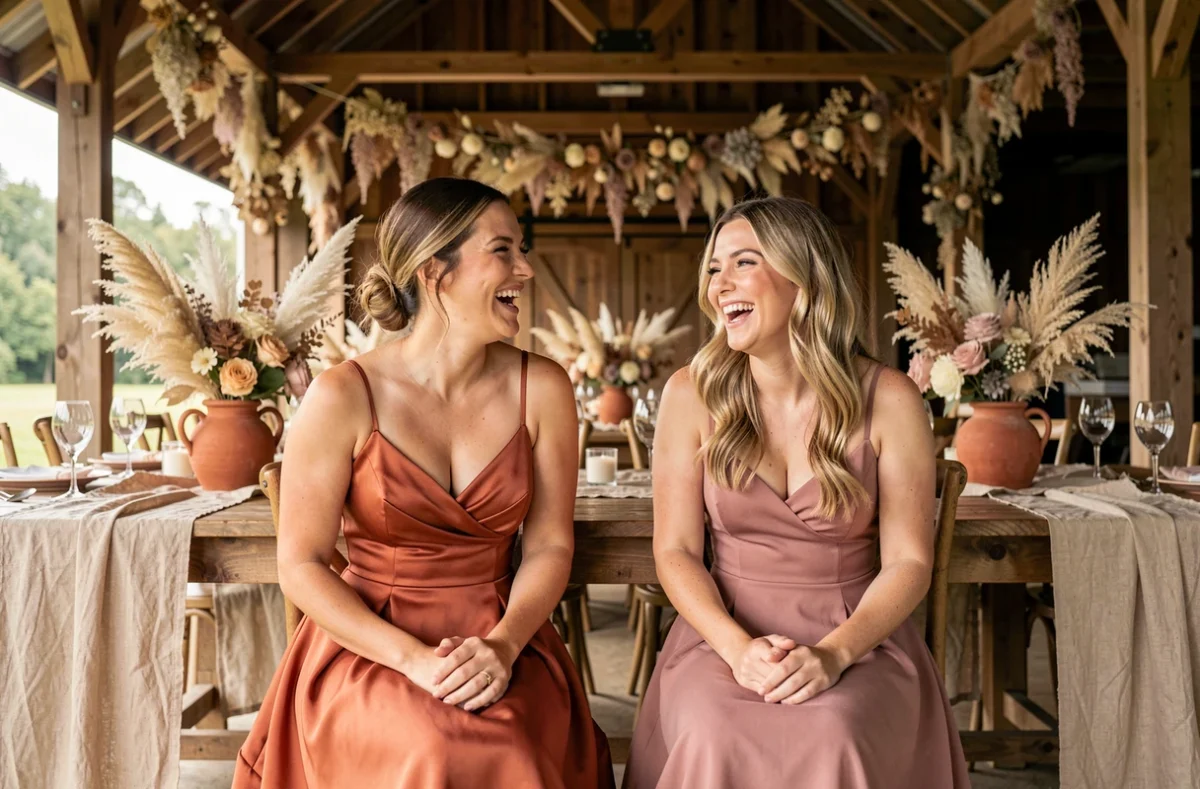 Deux témoins de mariage à une table champêtre en bois, l'une en robe terracotta bretelles fines coupe évasée, décoration florale séchée et ambiance rustique
