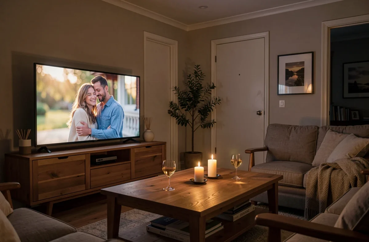 Salon intime avec télévision allumée, bougies et deux verres sur la table