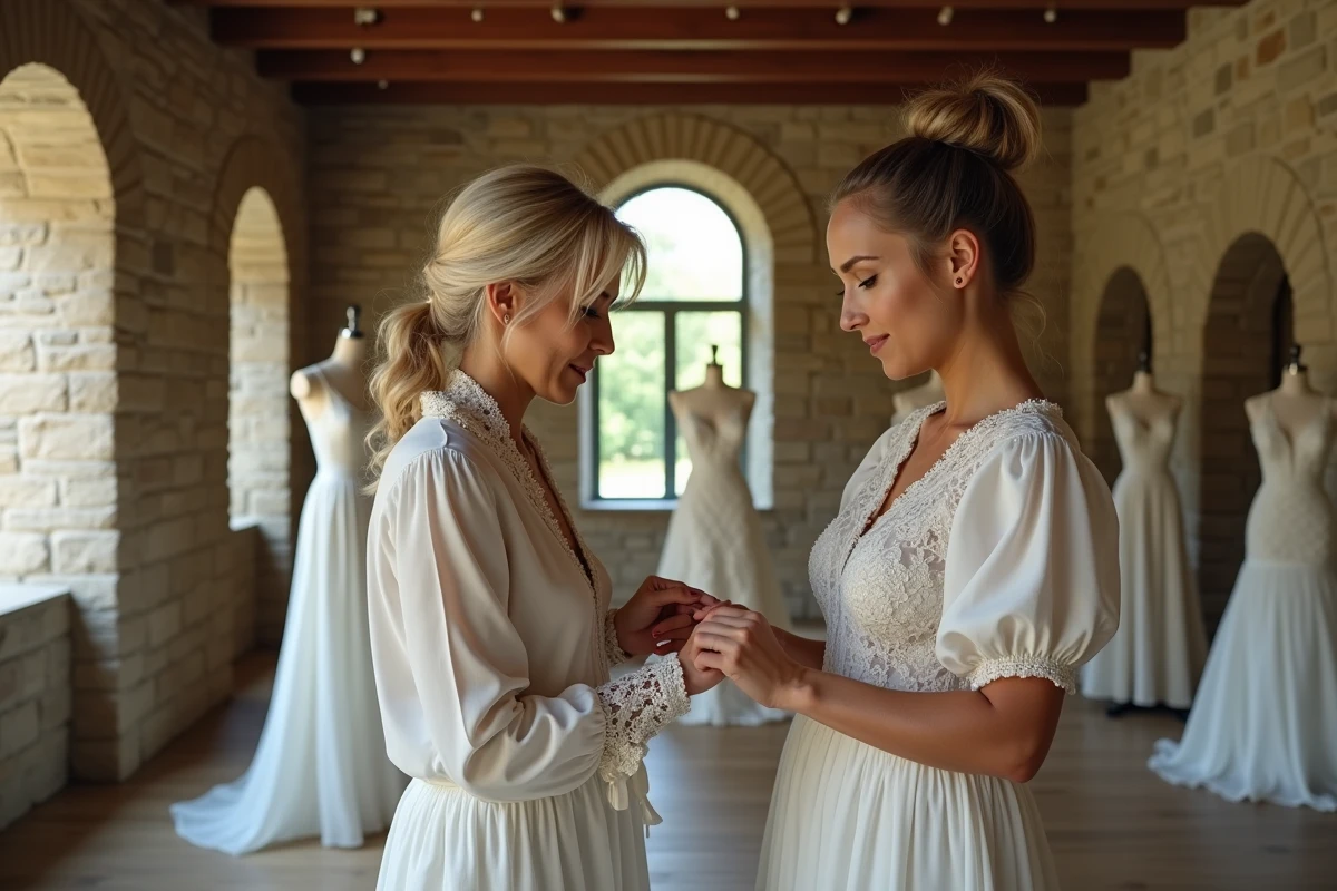 Seamstress pinçant tissu avec une mariée dans une boutique élégante