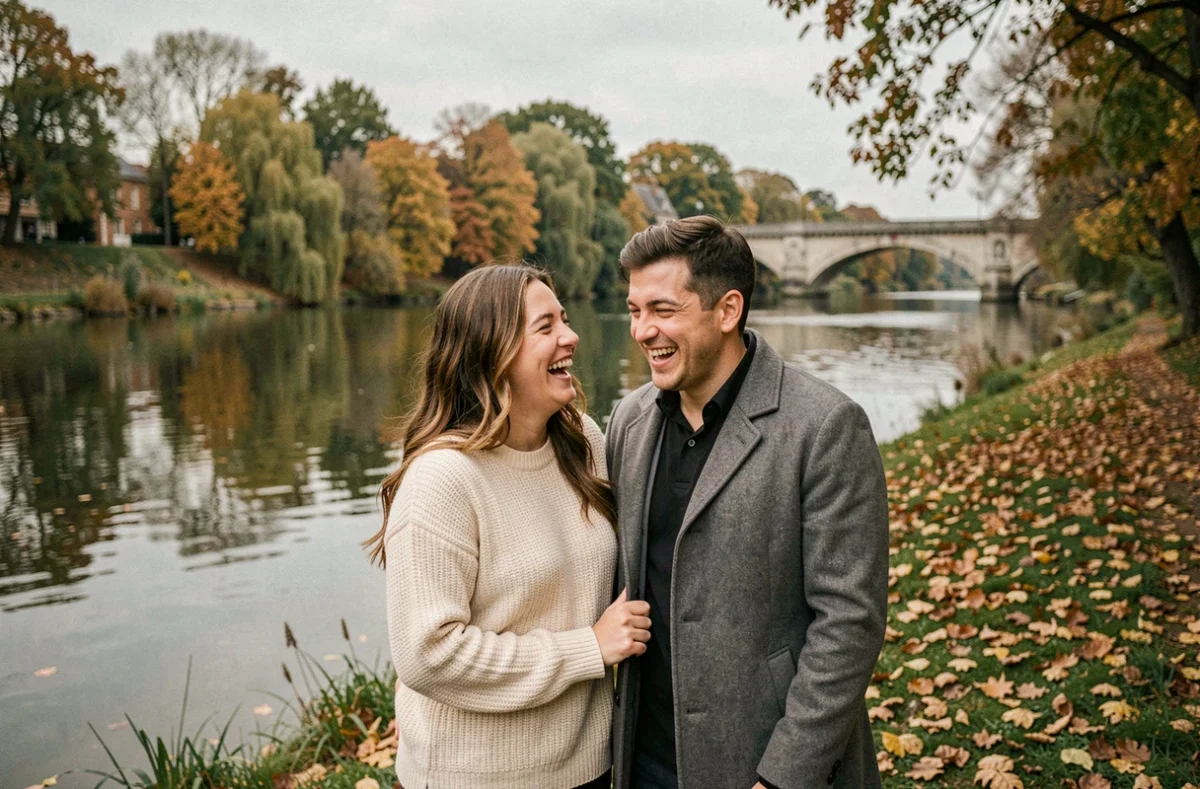 Séance photo de couple en extérieur au bord de la Meuse à Charleville-Mézières en automne
