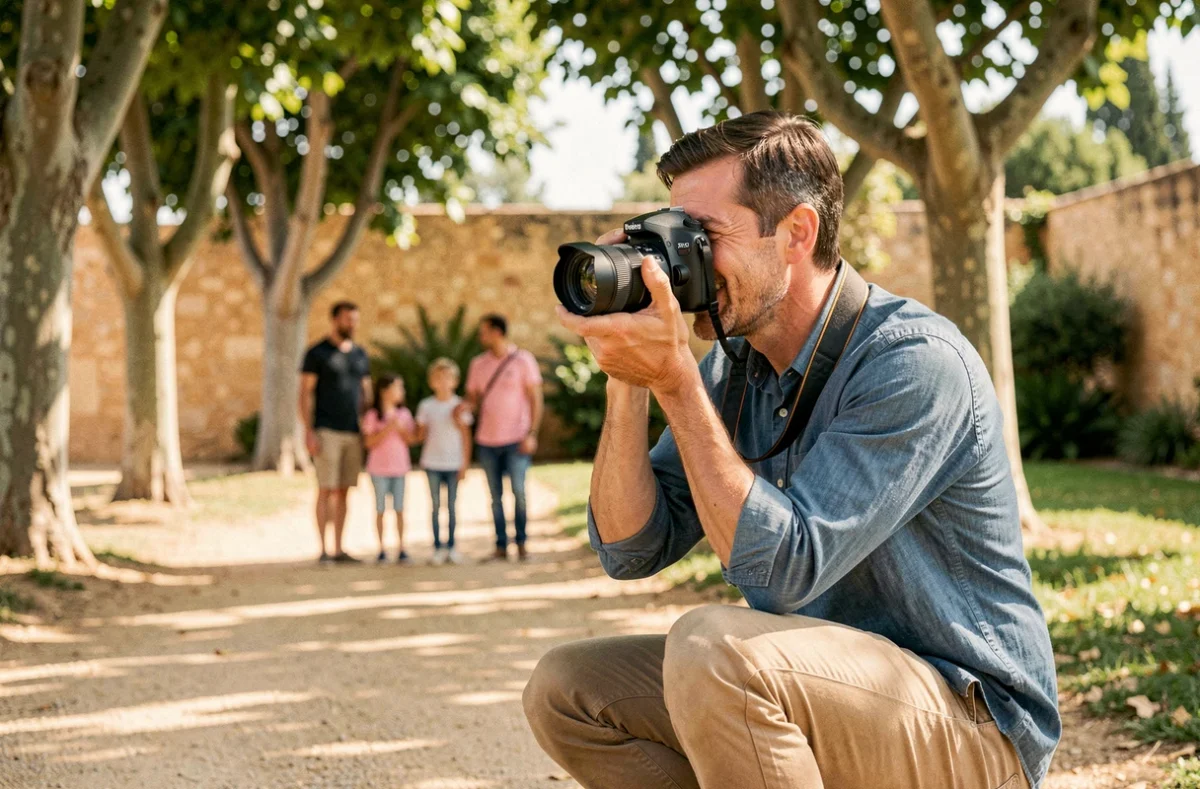 Photographe en action lors d'une séance photo en famille dans un parc de Perpignan