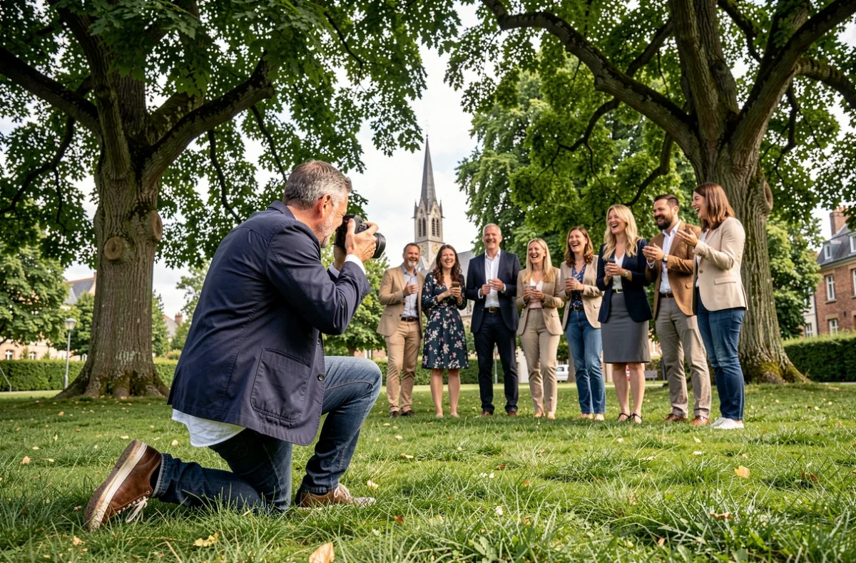 Photographe en plein air réalisant un portrait de groupe familial dans un parc de Pontoise avec clocher en arrière-plan