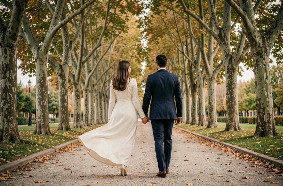 Mariés se promenant dans le Parc de Montaud à Saint-Étienne lors d'une séance photo de mariage en automne
