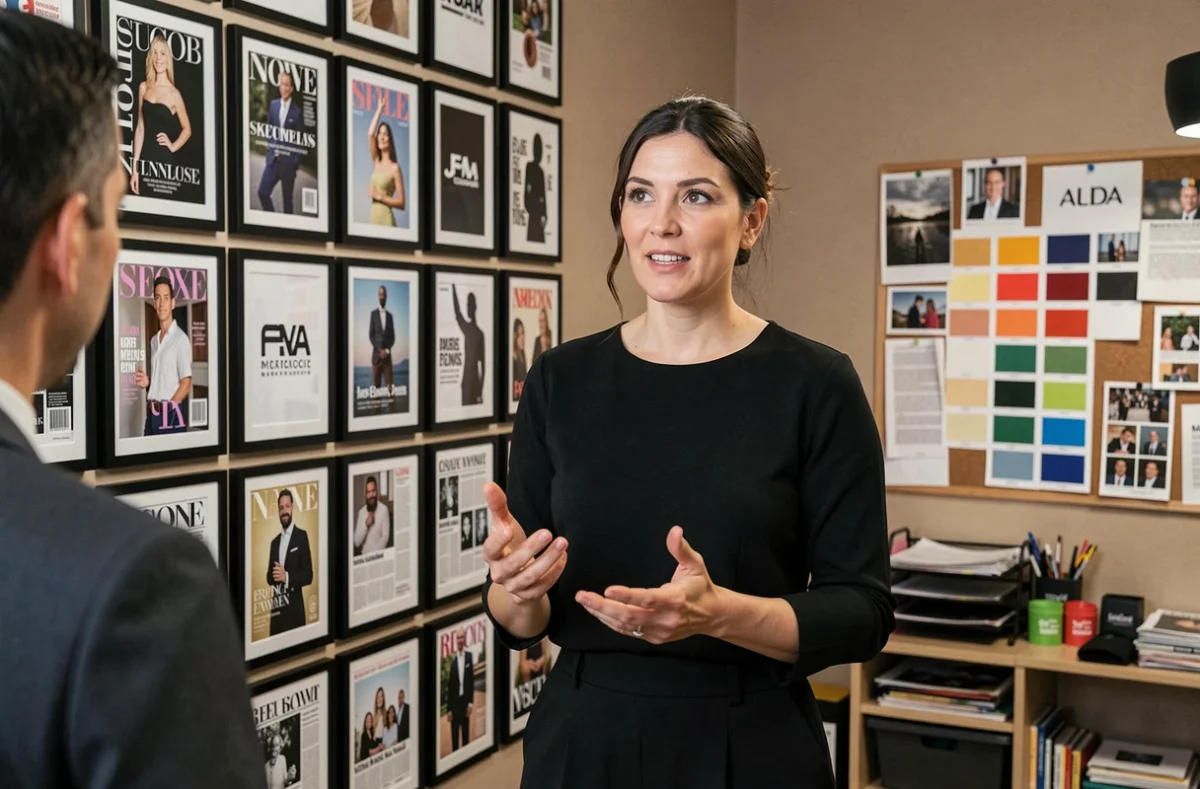 Femme en tenue noire dans un bureau de relations publiques entouré de couvertures de magazines et de visuels de campagne, évoquant les stratégies médiatiques et l'image de marque des célébrités