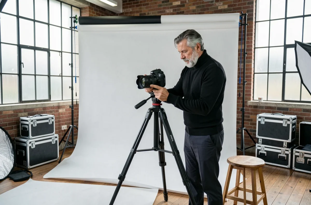 Photographe professionnel installant son matériel dans un studio photo moderne à Charleville-Mézières