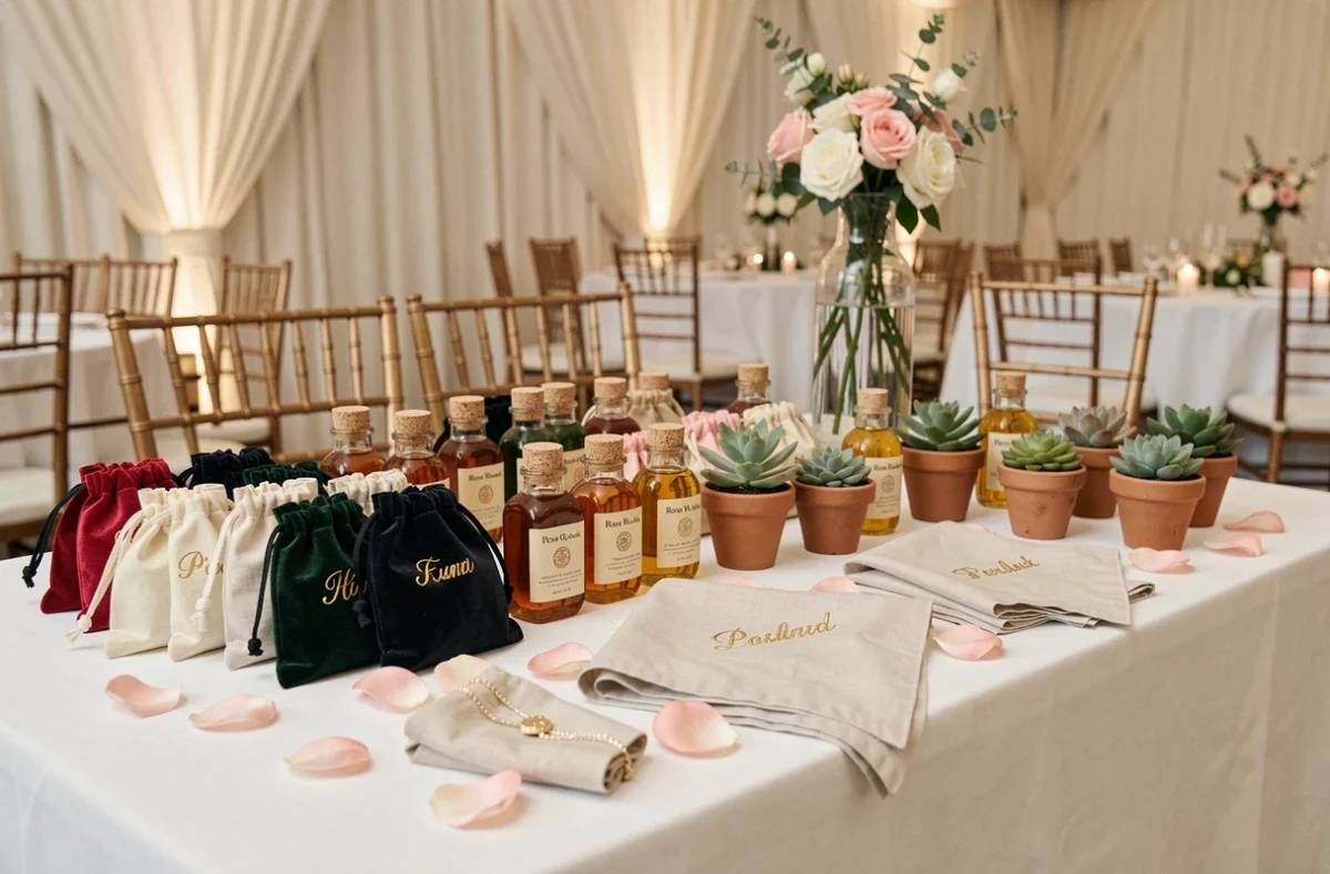 Table de cadeaux témoins mariage budget avec bijoux velours, petits pots de miel personnalisés, mouchoirs brodés et mini succulentes