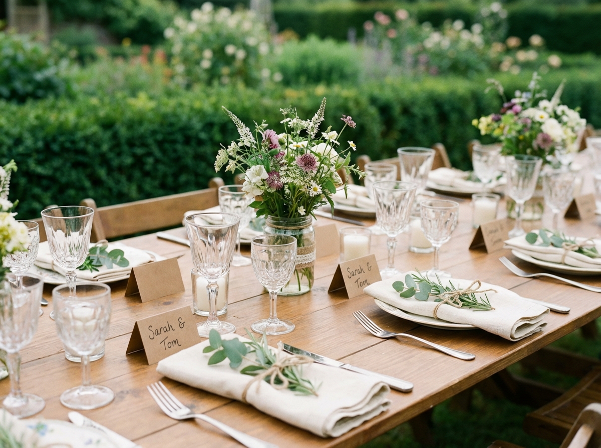 Table de mariage avec décorations économiques et plantes vertes