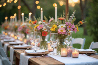 Table de mariage décorée en extérieur avec fleurs et lumières