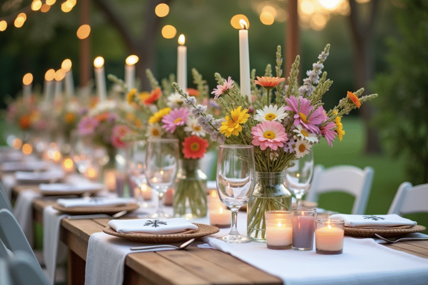 Table de mariage décorée en extérieur avec fleurs et lumières