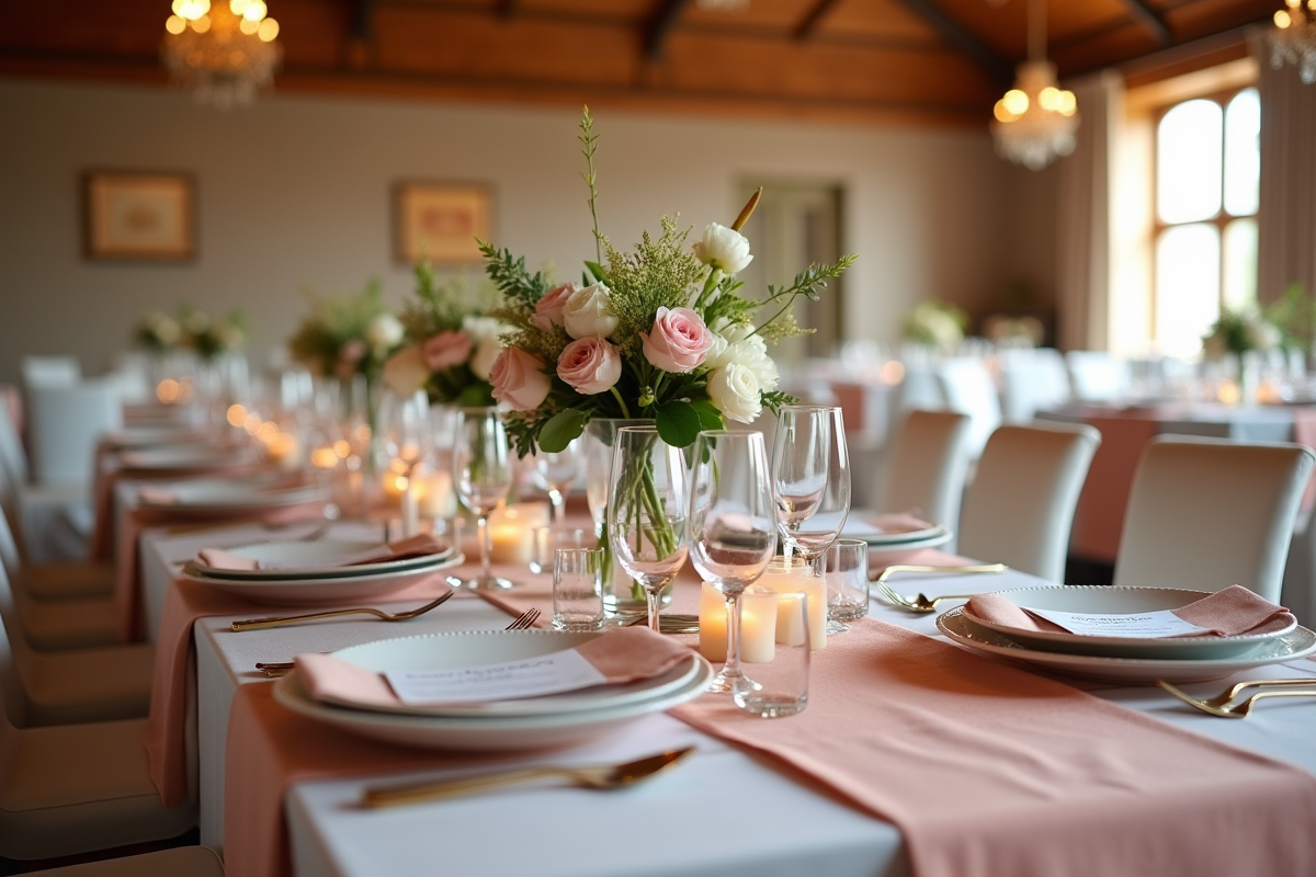 Table de mariage élégante avec vaisselle et fleurs colorées