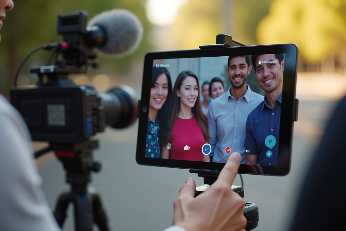 Gros plan sur tablette photo booth en extérieur avec appareil photo