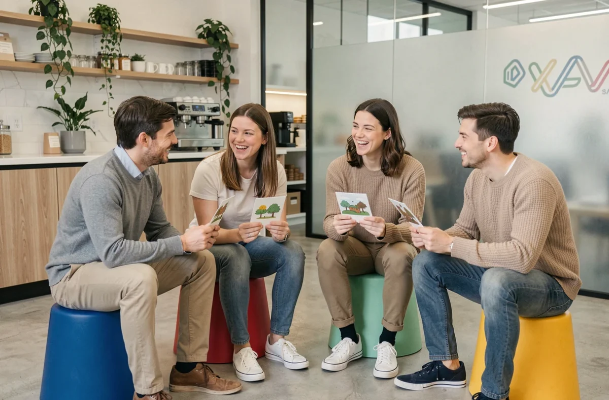 Collègues jouant à une animation de team building autour de cartes saisons dans un espace détente de bureau