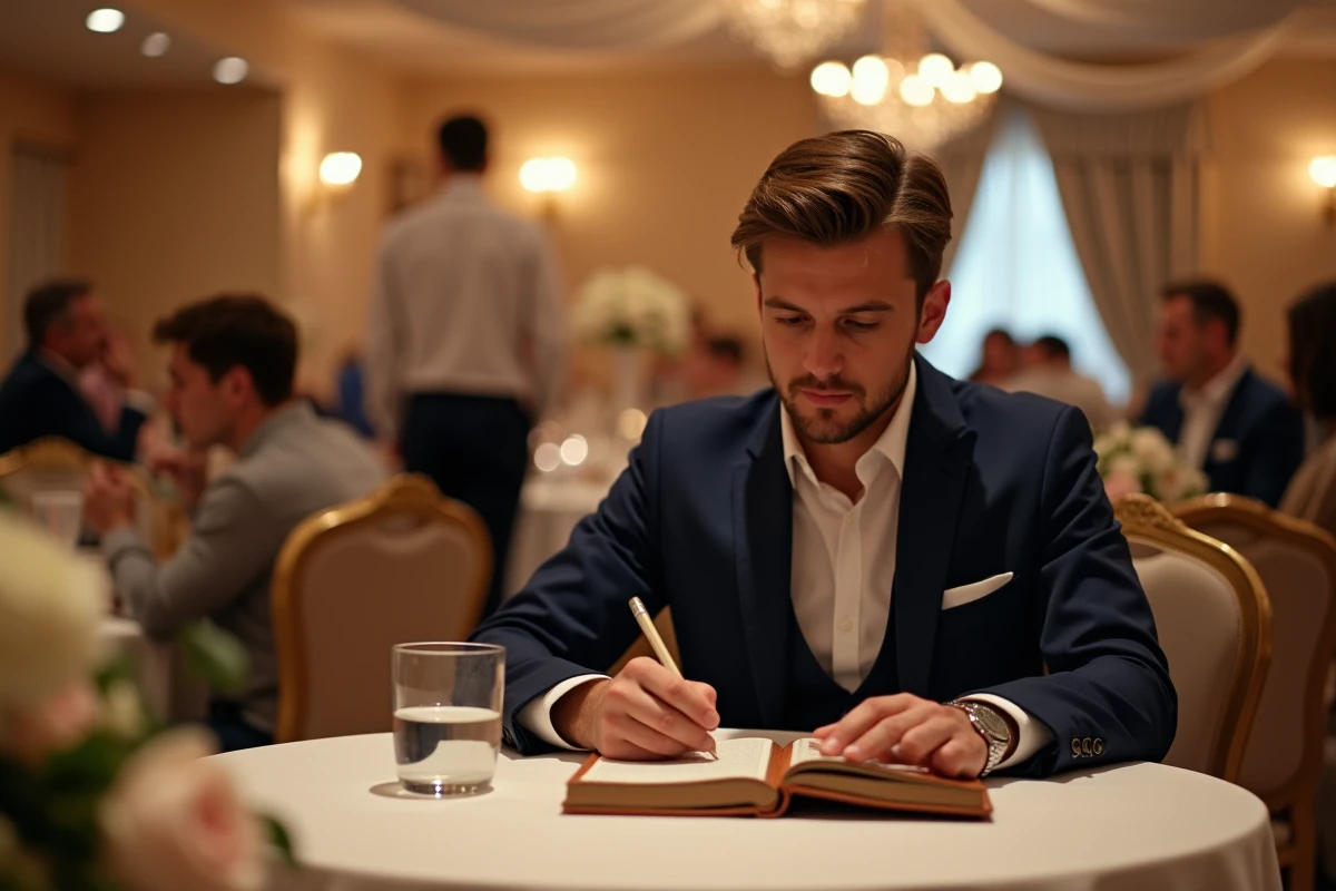 Homme introverti témoin de mariage prenant des notes seul à une table de réception élégante