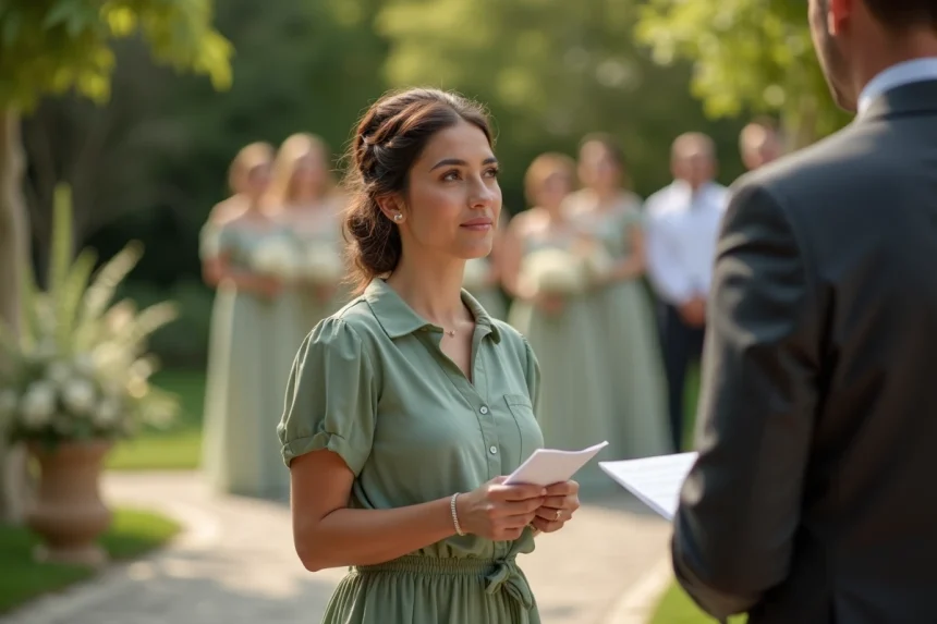 Femme introvertie servant de témoin de mariage dans un jardin, tenant un discours avec une expression calme et réfléchie