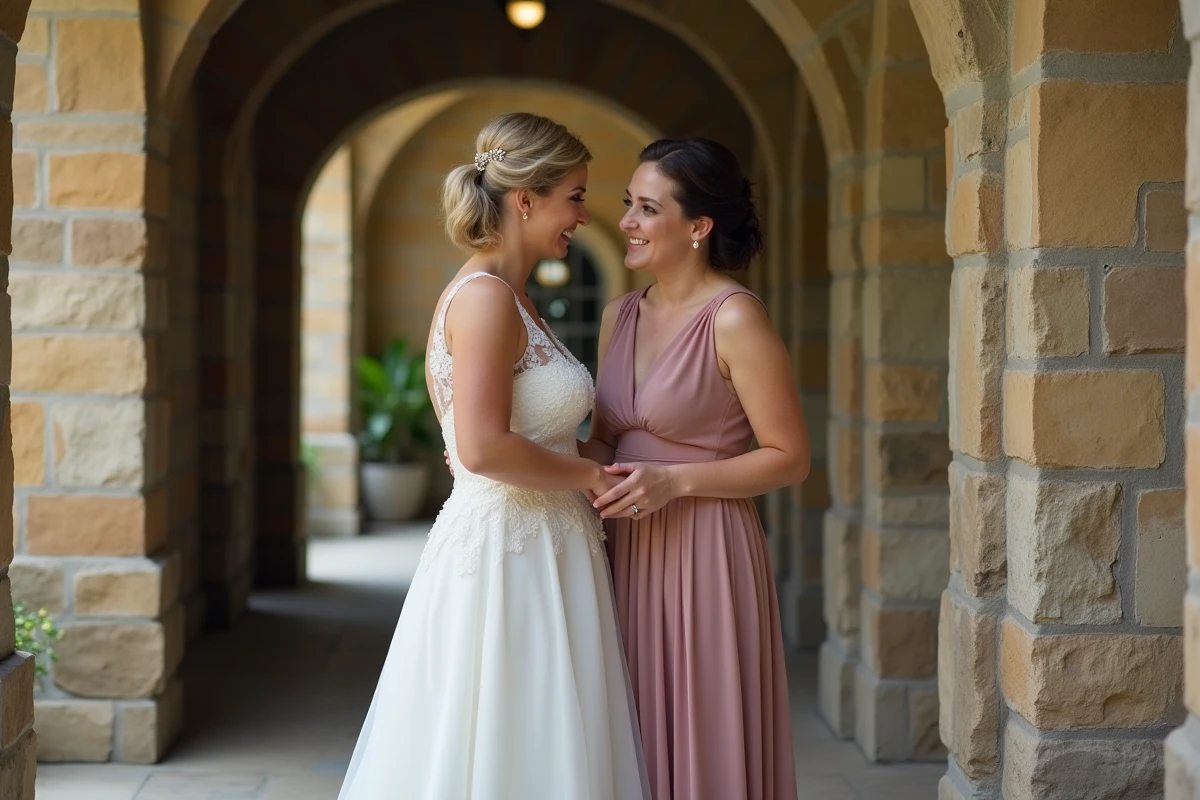 Témoin de mariage introvertie partageant un moment intime et sincère avec la mariée dans un couloir en pierre