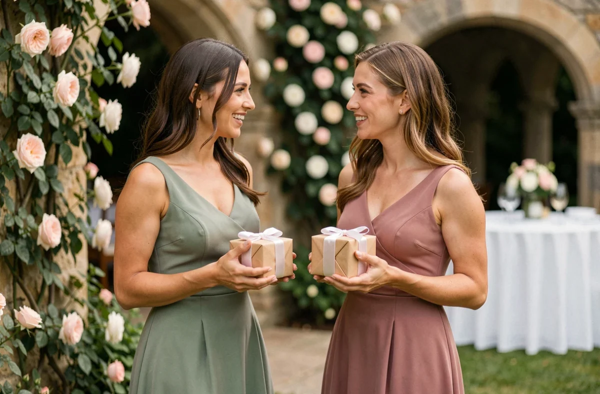 Deux témoins de mariage tenant leurs cadeaux emballés avec ruban satiné dans un jardin fleuri lors d'une réception