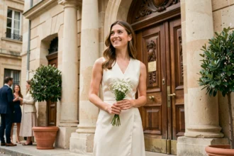 Femme en robe midi ivoire élégante devant une mairie française pour un mariage civil petit budget