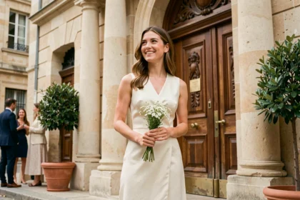 Femme en robe midi ivoire élégante devant une mairie française pour un mariage civil petit budget