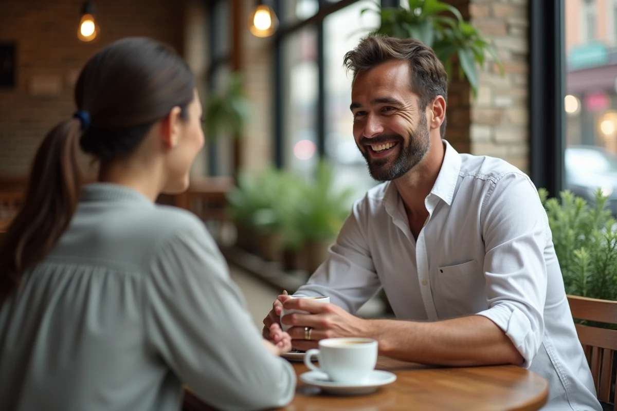 Homme marié en tête-à-tête avec une collègue dans un café, alliance visible, regard intense et attentionné
